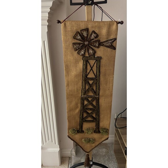 Vintage Windmill Burlap Wall Hanging Textile Wall Art 40 Inch Farmcore Farmhouse - Picture 4 of 6